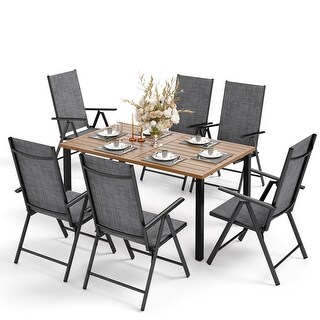 Outdoor 7-Pieces Dining Set, 6 x Reclining Folding Sling Dining Chairs and 1 Patio Dining Table