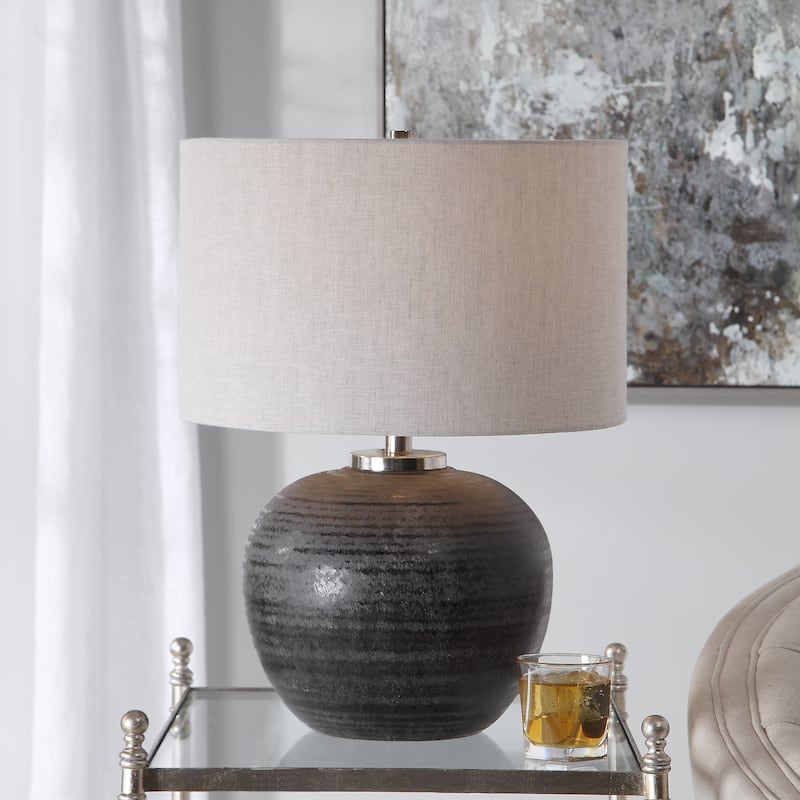 Glossy Etched Ceramic Table Lamp with Oatmeal Drum Shade - 21.75" - Black