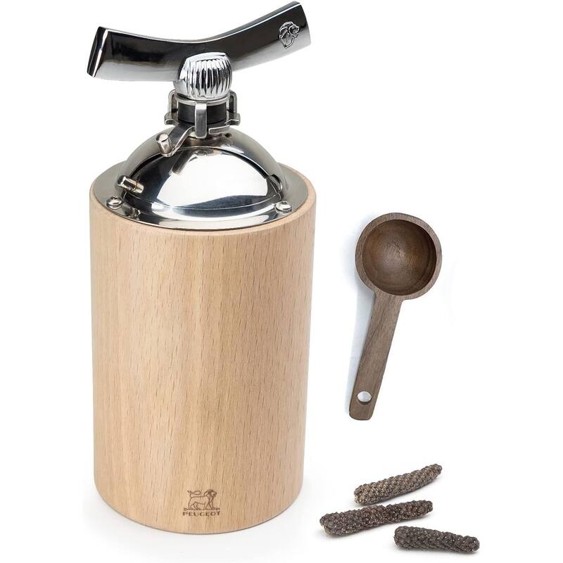 Peugeot Isen Long Pepper and Large Peppercorn Mill, 6.25 inch, Natural - With Wooden Spice Scoop Spoon - 2 Piece