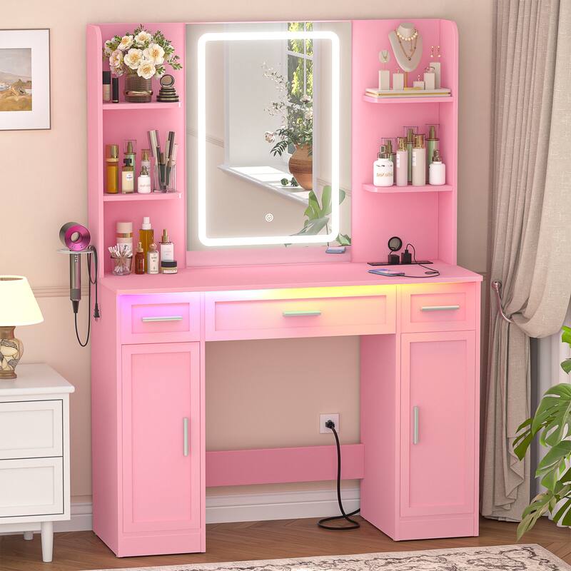 Modern Farmhouse Vanity Table with LED Mirror, Makeup Vanity Desk with Drawer, Cabinet, and Shelves