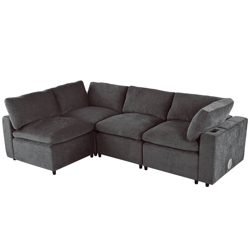133.9" Polyester Modular Sectional Sofa U-Shaped 4-Seat with Wireless Charging, Bluetooth Speakers and USB Ports
