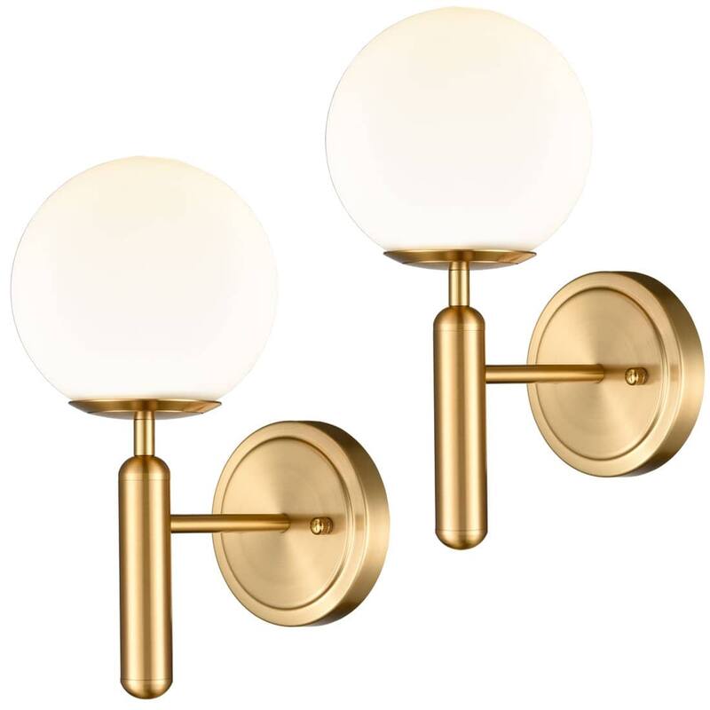 Sora Mid-Century Modern Wall Sconces With Opal Globe Shade Set of 2 - Natural Brass