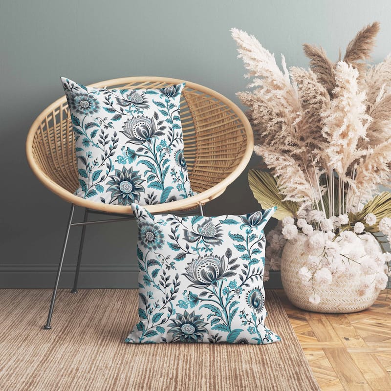 Sanganeri Block Print Indoor/Outdoor Reversible Throw Pillow Grey and Turquoise