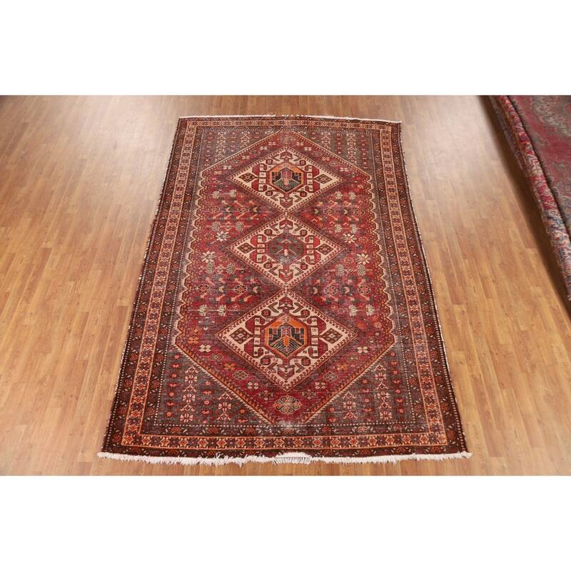 Tribal Red Bakhtiari Persian Vintage Area Rug Handmade Wool Carpet - 6'7"x 10'2"
