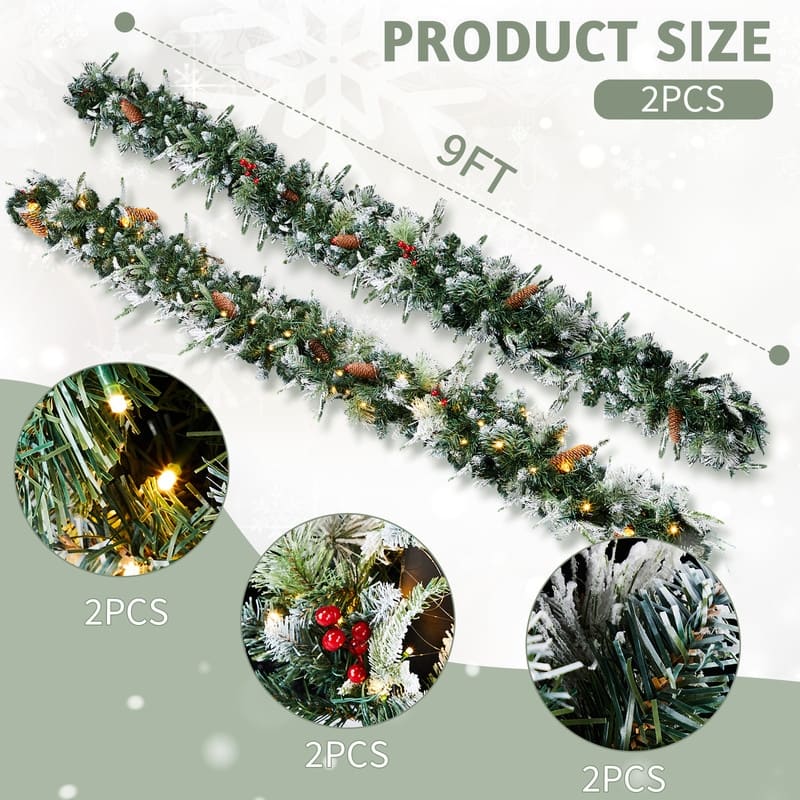 2 Pack 9FT Pre-lit Snow Flocked Christmas Garland