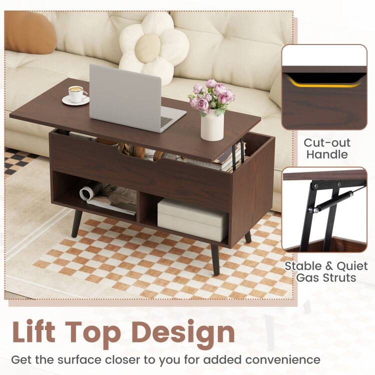31.5 Inch Lift Top Coffee Table with Hidden Compartment and 2 Storage Shelves - 31.5" x 15.5" x 17.5" (L x W x H)
