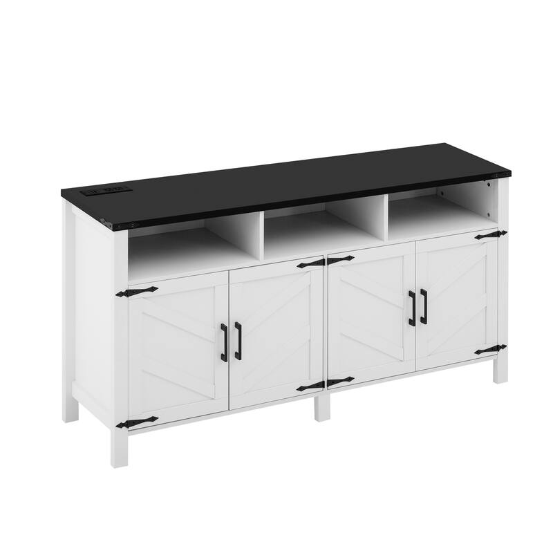 Sideboard Buffet with Power Outlets and USB Ports, 4 Door Sideboard with Adjustable Shelves and 3 Open Storage Cubbies