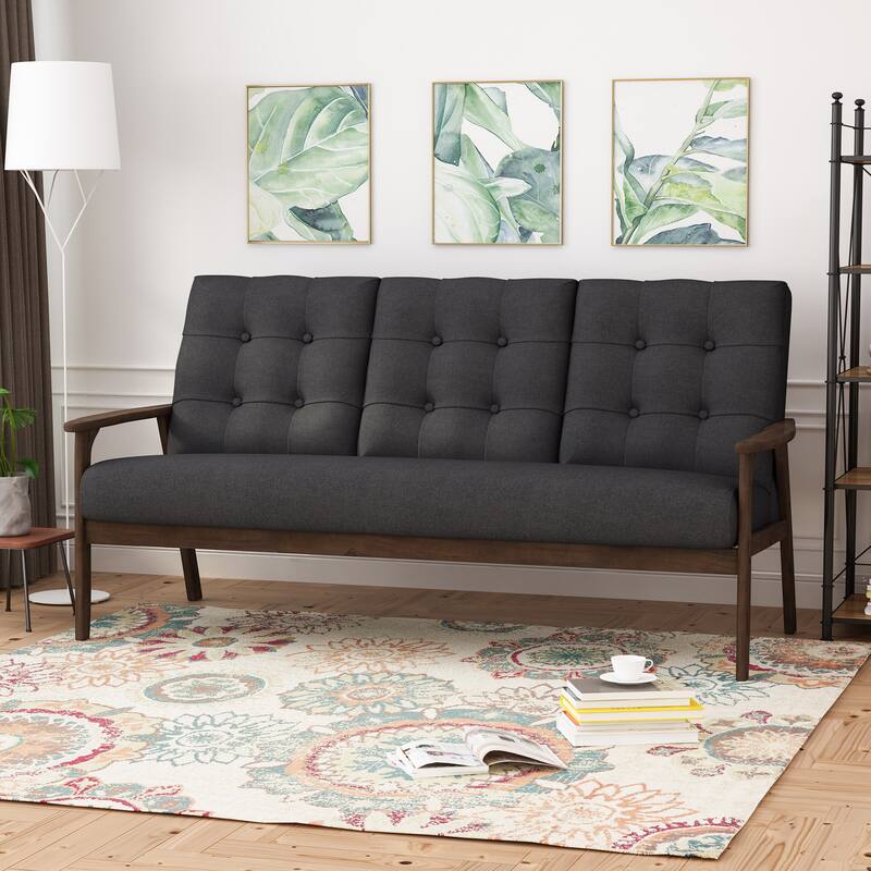 Mid Century Waffle Stitch Tufted Accent Sofa with Rubberwood Legs, Charcoal Grey Fabric - Multi-Color