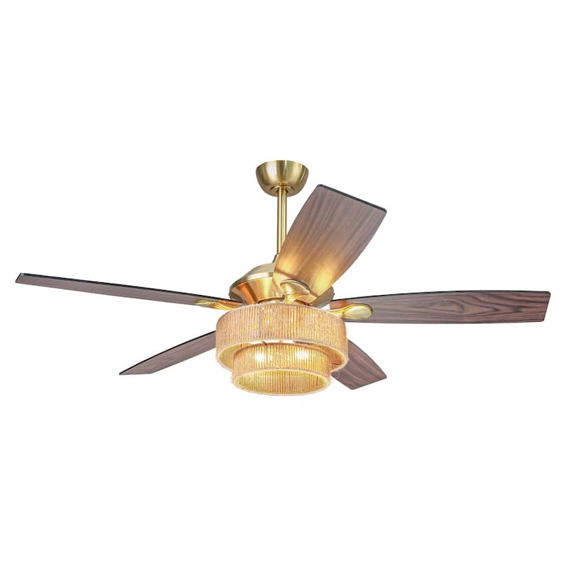 52" Farmhouse Natural Rope Reversible 5-Blade Gold Ceiling Fan with Remote