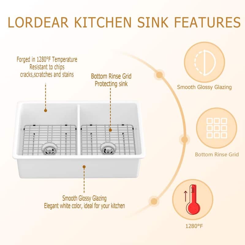 32 inch Undermount Double Bowl Glossy White Ceramic Kitchen Sink - 32 ...