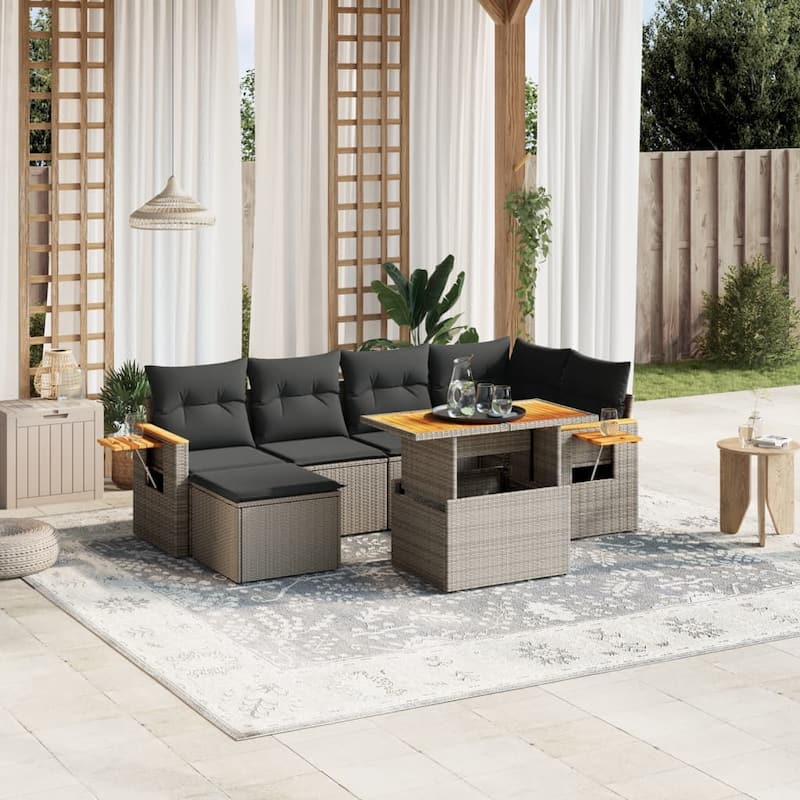 vidaXL Patio Sofa Set with Cushions Footstool and Table 7 Piece Poly Rattan - Grey - 21.7 x 39.4 x 28.7 in