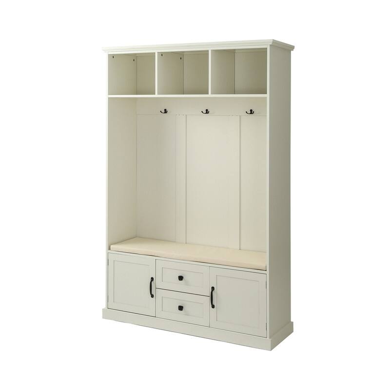 Traditional Style Entryway Hall Tree with Cushion Storage Bench/3 Coat Hanger/3 Shelves