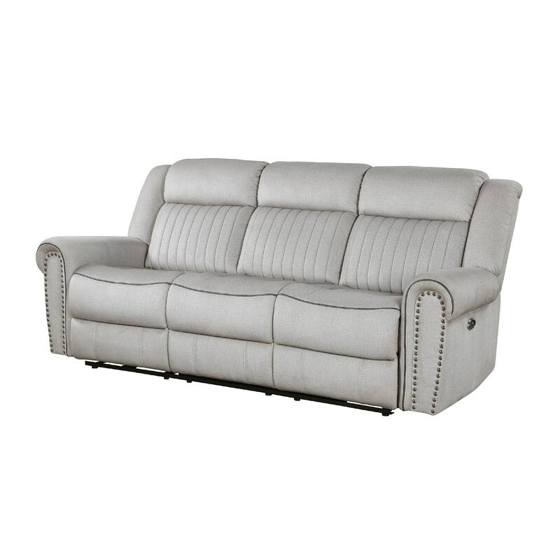 Ben Power Reclining Sofa, 89 Inch, Gray Microfiber, Nailhead Trims