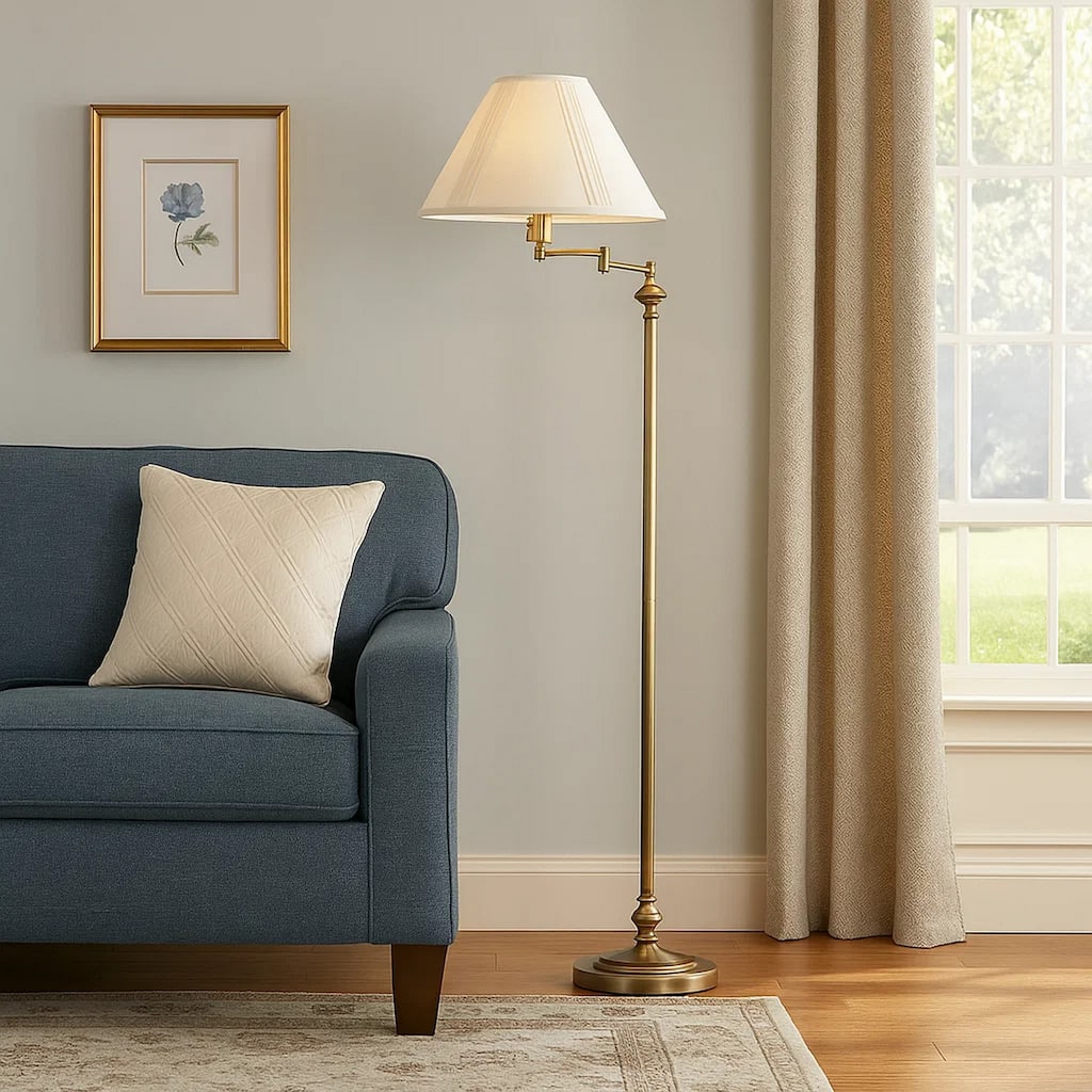 150 Watt Metal Floor Lamp with Swing Arm and Fabric Conical Shade, Gold