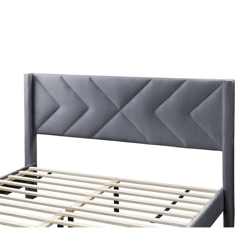 Modern Gray Velvet Upholstered Queen Size Bed with Geometric Headboard