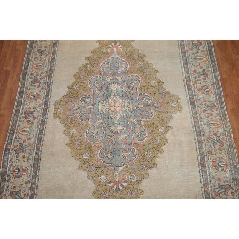 Hand Knotted Oriental 100% Wool Carpet Traditional Medallion Beige & Ivories Tabriz Area Rug - 10' 6'' X 7' 11''