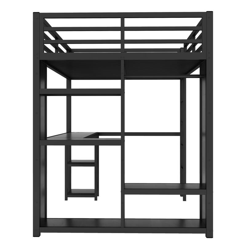 Full Size Metal Loft Bed with Wardrobe, Desk & Storage Shelves - Space Saving Black Frame