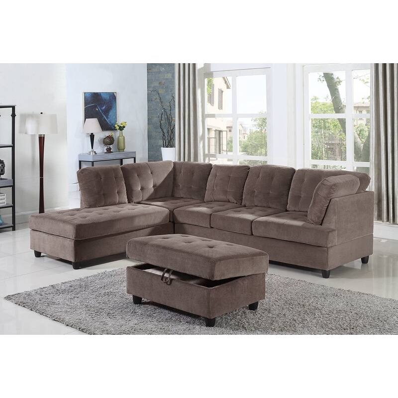 3 Piece Corduroy Sectional Sofa Set - Sofa Chaise & Ottoman