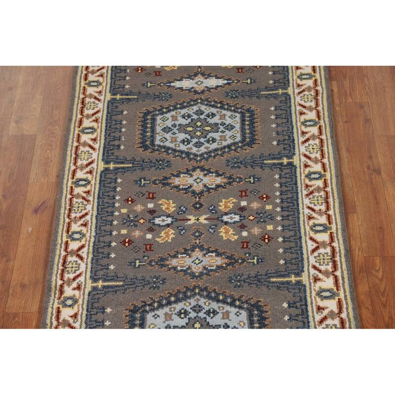 Gray Geometric Viss Indian Runner Rug Handmade Wool Carpet - 2'7"x 8'1"