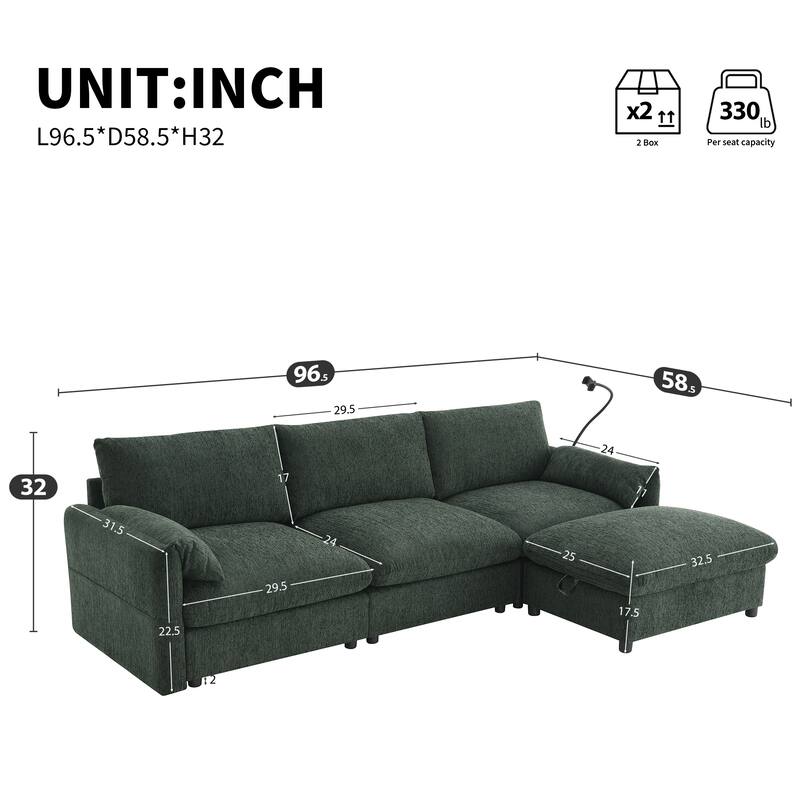 L-Shaped Chenille Sectional Sofa with Storage Ottoman, Lounge Sofa with Adjustable Phone Holder, Side Pockets & USB Charger Port - Green
