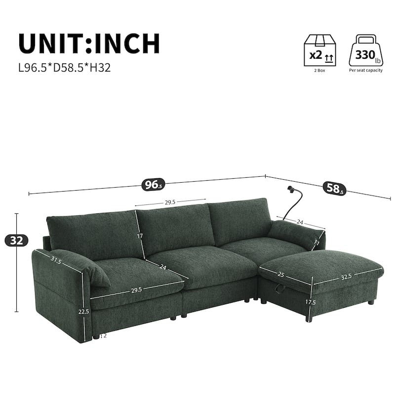 L-Shaped Sectional Chenille Sofa with Storage Ottoman, Phone Holder, USB Charger, Elephant Ear-Shaped Armrests and Pockets