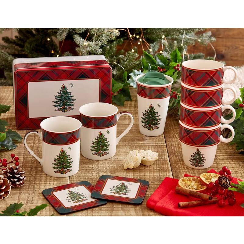 Spode Set of 4 Christmas Tree Tartan Stackable Mugs