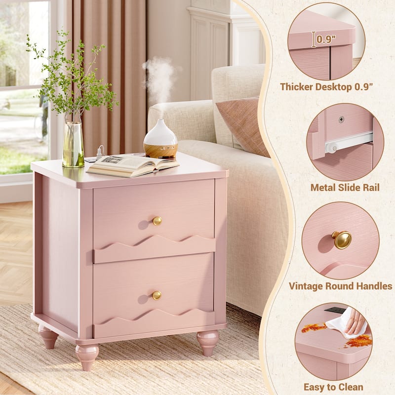 Modern Nightstand with Charging Station, Side End Table with 2 Drawers