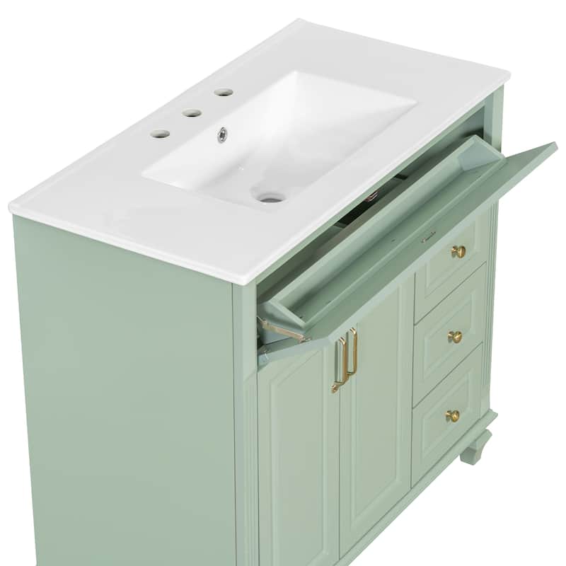 Merax Solid Wood Bathroom Vanity with Sink, Flip Drawer, 3 Drawers & 2 Doors
