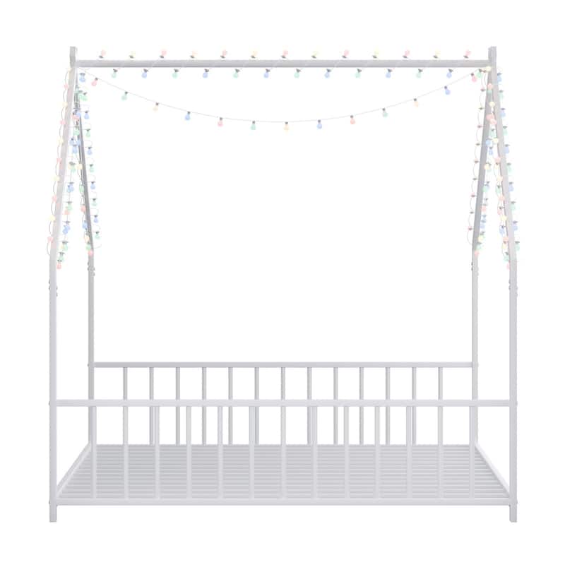 Full Size Children'S Bed Frame With Led Light Strips,Roof-Shaped Iron Frame Bed