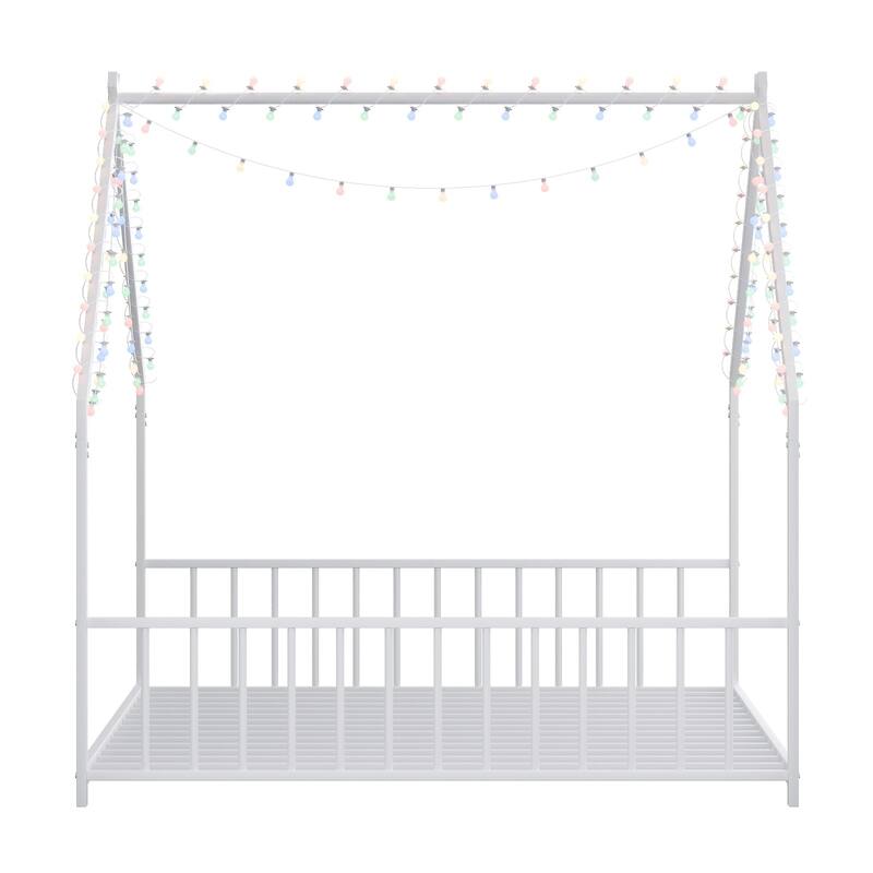 House-shaped Bed Frame, Toddler Kid Iron Floor Bed with House Roof Frame and LED Light Strips, House Daybed