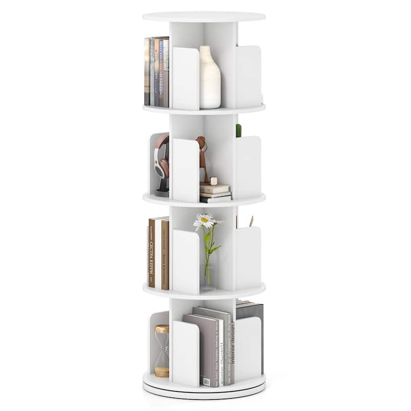 Narrow 4-Tier Rotating Storage Bookshelf with Swivel Display and Dividers for Home and Office - 15.5" x 15.5" x 50.5" - White