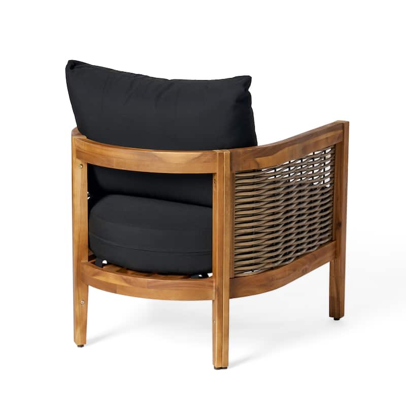 Burchett Outdoor Acacia Wood and Wicker 4 Seater Chat Set with Cushions by Christopher Knight Home