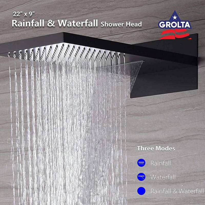 22" Rainfall Waterfall Digital Thermostatic Shower Faucet System w/ Jets, Sprayer, Slide Bar -MB - Matte Black