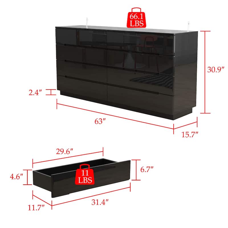 63" High Gloss Dresser With Light Chest w/8 Drawers&Spacious Tabletop