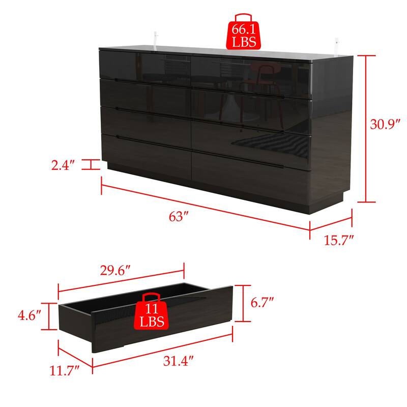 Wood 8 Drawer Double Bedroom Dresser in White High Gloss With Light