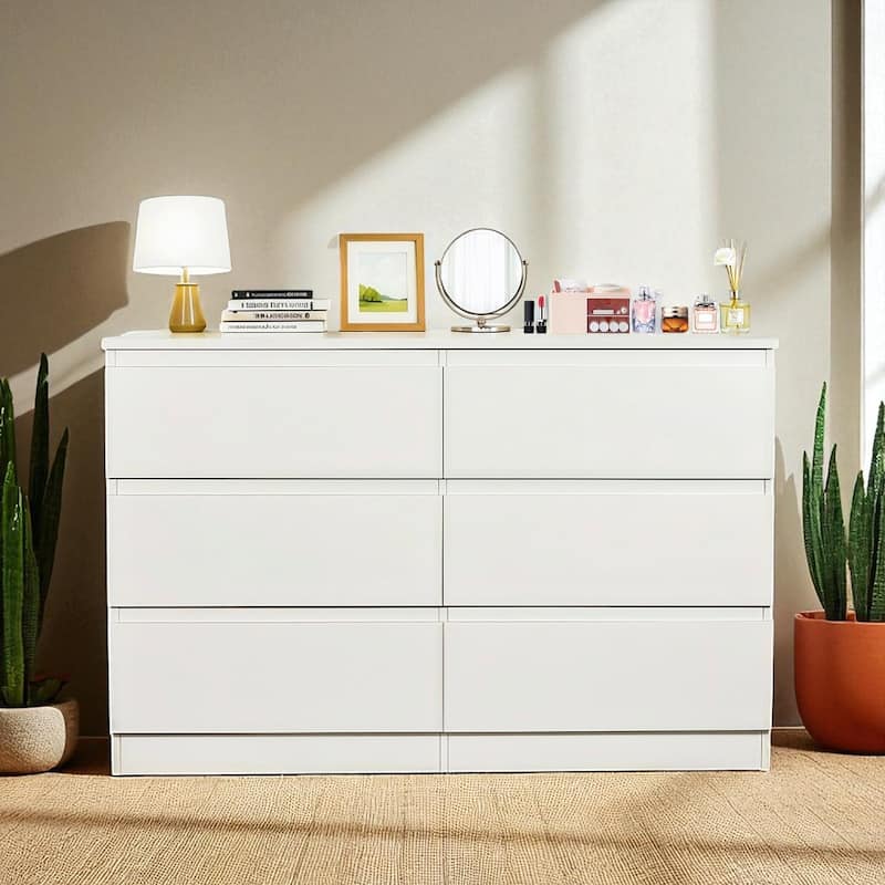 6 Drawer White Dresser, Modern Wood Storage Cabinet with Wide Top and Concealed Handles, Bedroom Chest Organizer