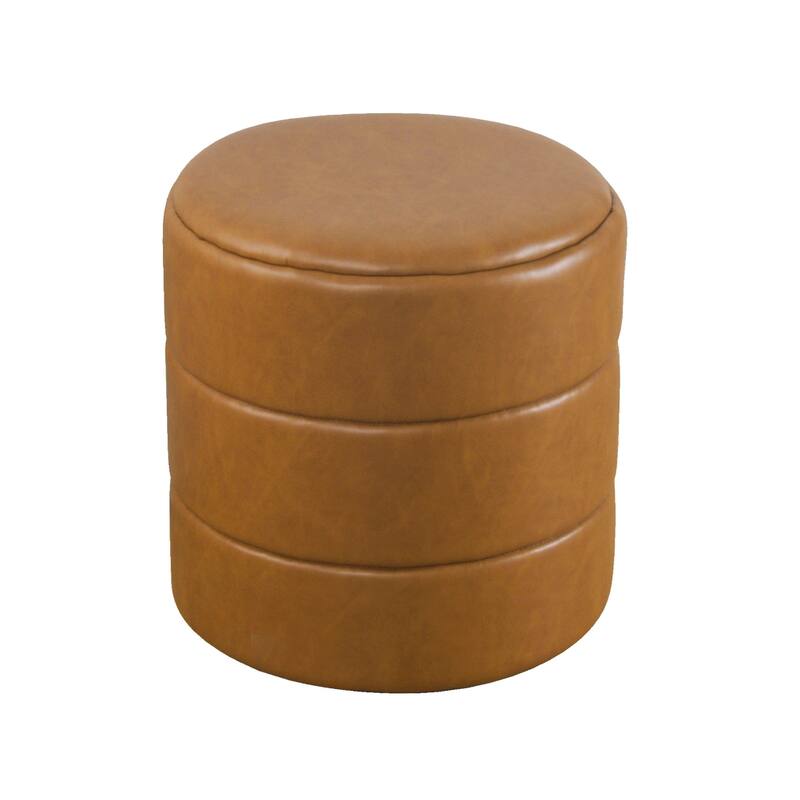 Sem 18 Inch Brown Channel-Tufted Faux Leather Round Accent Ottoman - Caramel