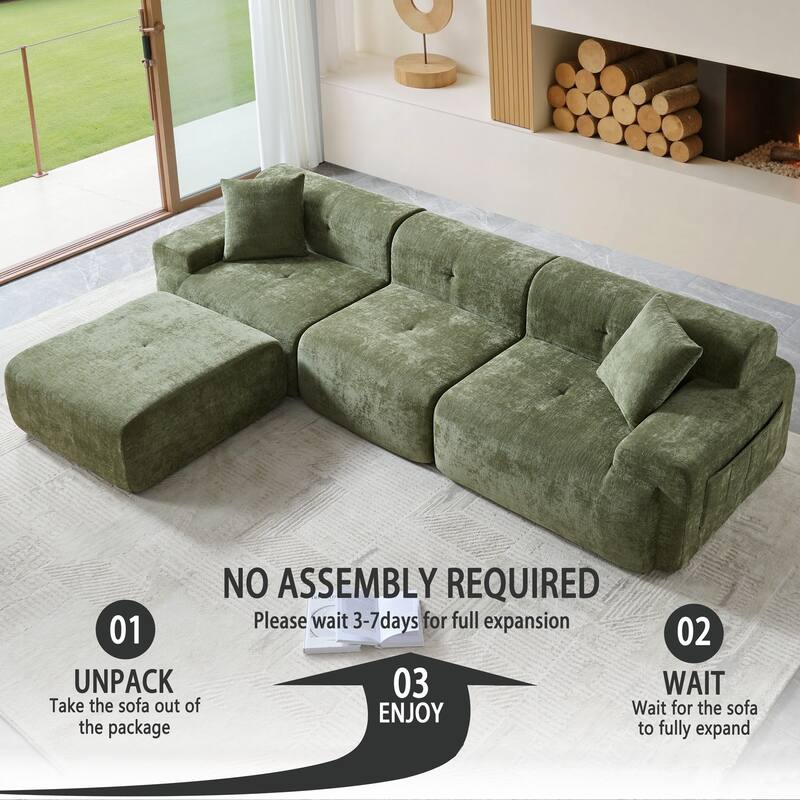 118 inch Oversized 3 Seater L-Shaped Chenille Boneless Modular Sectional Sofa Couch with Movable Ottoman