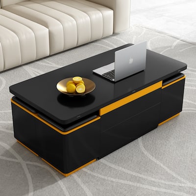 Contemporary Lift-Top Center Table With 4 Hidden Storage Ottomans - Foldable Multi-Purpose Coffee Table .