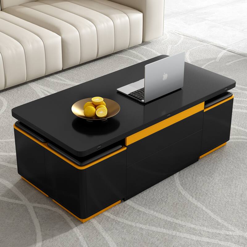 Lift-Top Coffee Table with 4 Storage Stools, Center Table with Foldable Top, Multi-Functional Adjustable Coffee Table