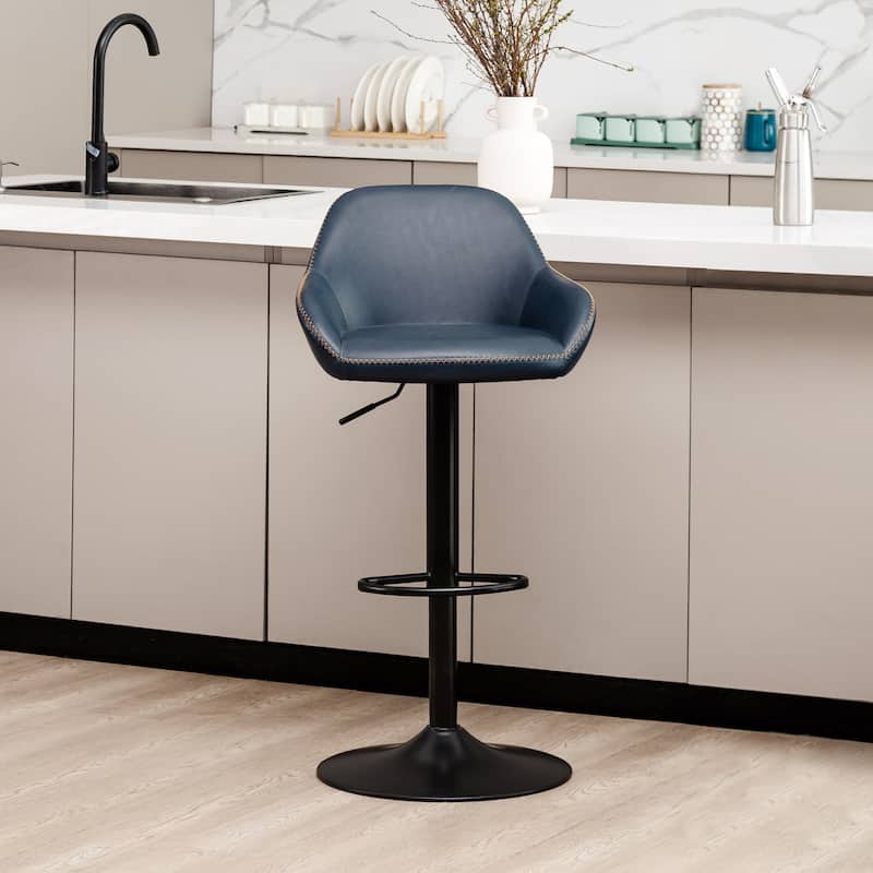Glitzhome Mid-Century Height Adjustable Faux Leather Swivel Counter Bar Stools - Single - Navy Blue