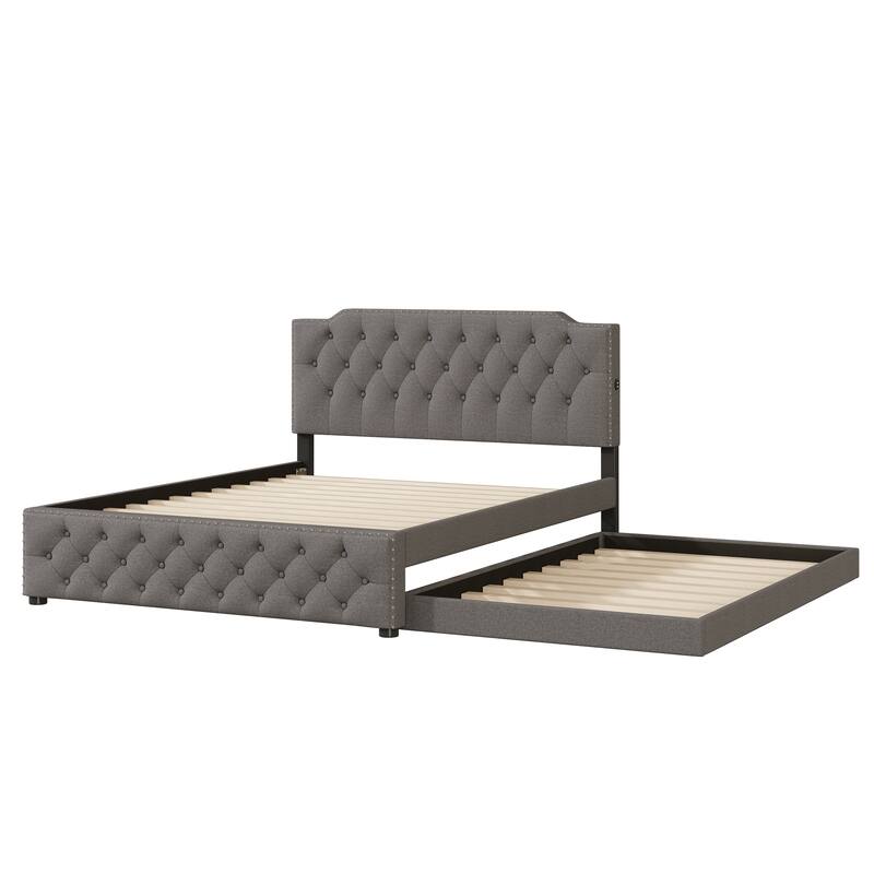 Linen Upholstered Platform Bed Button-Tufted Headboard Wood Panel Bed Frame with 2 Drawers or Trundle Bed, USB on Both Sides