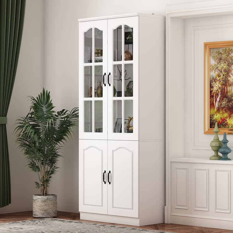 Elegant White Pantry Bookshelf Multifunctional Tempered Glass Cabinet