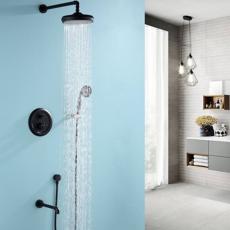 Luxury 2-Handle 3-Way Complete Rainfall Shower System with Rough-in Valve, Black - Matte Black