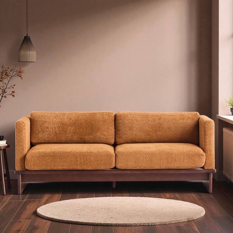 77" Modern Boucle Sofa, 3-Seater Upholstered Couch with Solid Wood Base and Square Arms for Living Room - Camel