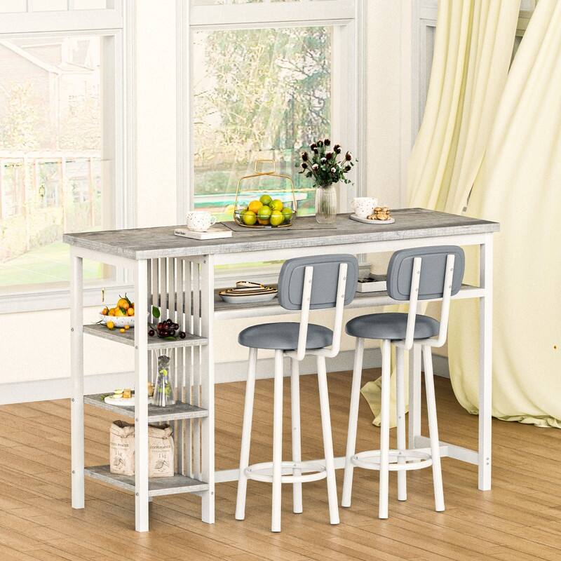 3-Piece Dining Room Table Set with 2 Upholstered Bar Stools, Modern Farmhouse Bar Table Set for 2 with Multiple Tier Shelves