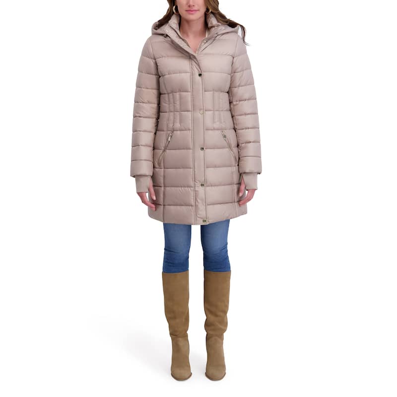 Kensie Quilted Hood Mid-Length Puffer Jacket - Champagne - M