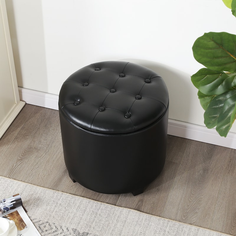 Adeco 17" Faux Leather Round Storage Ottoman with Tufted - Black