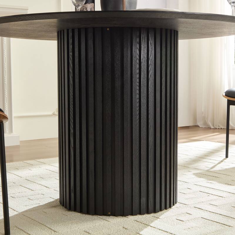 Modern Round Dining Table Display Table OfficeTable with Slatted Tambour Cylindrical Base & Anti-slip Mat