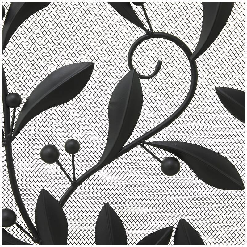Black Metal Foldable 3 Panel Scroll Fireplace Screen with Leaf and Vine Relief
